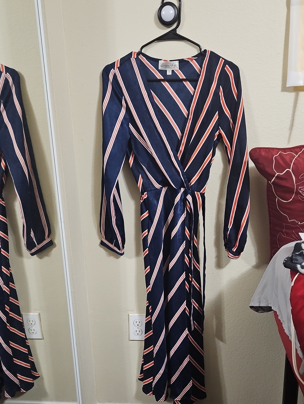 Striped Navy Wrap Dress with Orange and White Accents